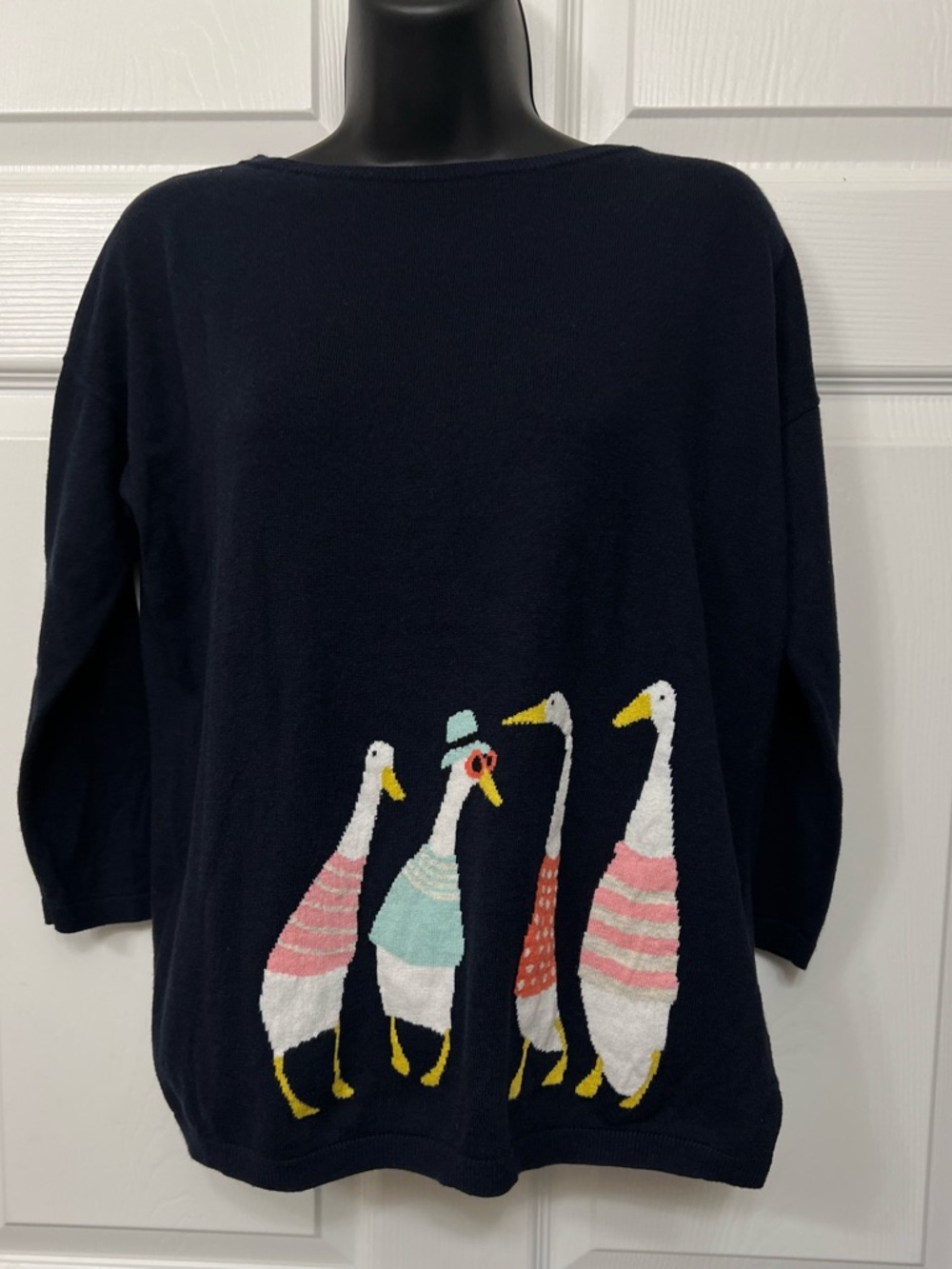 Talbots Medium Petite Sweater Navy Whimsical Geese Duck Cottagecore 3/4 sleeve